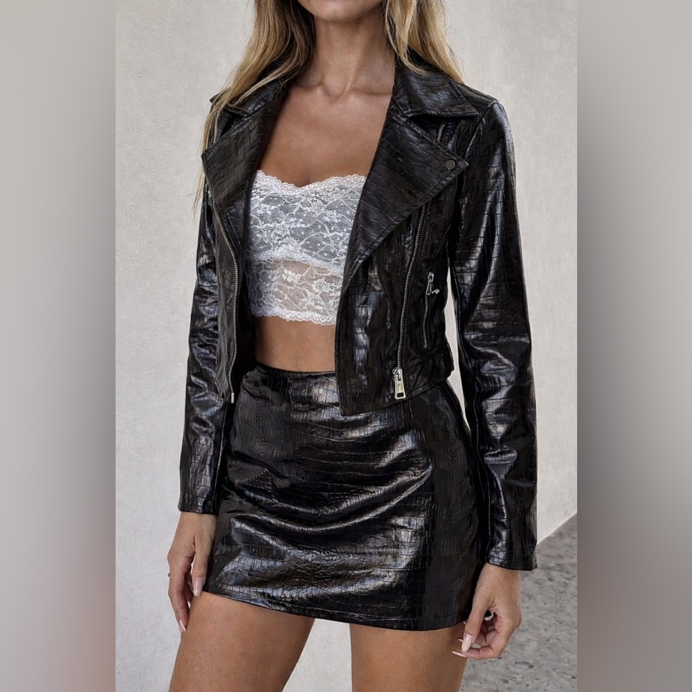 Tiger Mist Black Croc-Embossed Faux Leather Moto Jacket